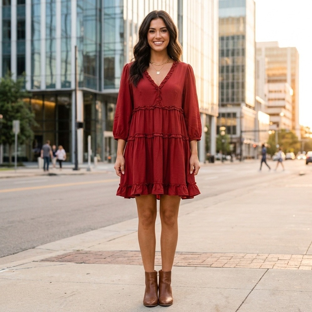 Rockin' C Womens Rust Red Tiered Ruffle Babydoll Boho Western Dress Size Medium